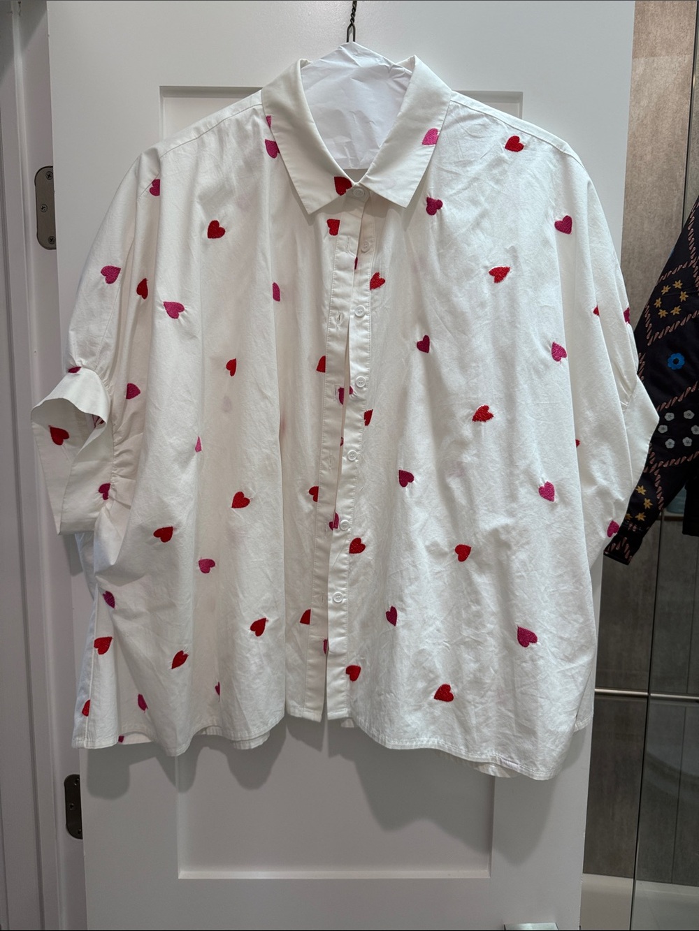 White Button-Up Blouse with Red & Pink Heart Embroidery